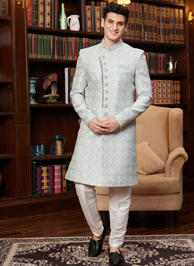 Jacquard Silk Sky Blue Wedding Wear Hand Work Readymade Sherwani